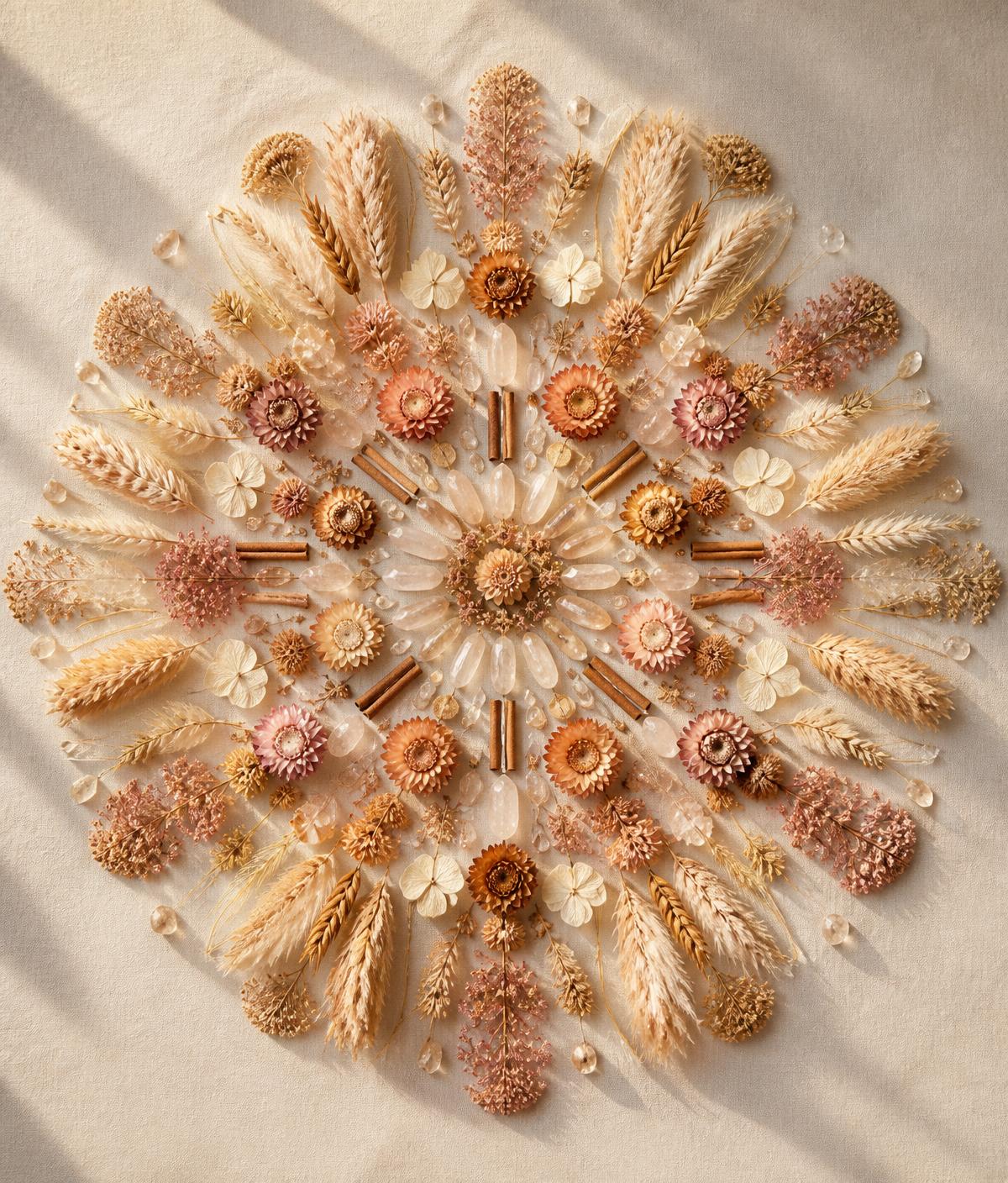Mandala botánico de flores secas y cuarzos sobre lino, evocando calma, armonía y felicidad